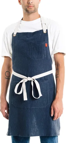 Miniatura 10 de Delantal de cocina de lino Caldo para cocinar - Delantal con peto de lino para hombres y mujeres para chef profesional, camarero o barista - Hueso