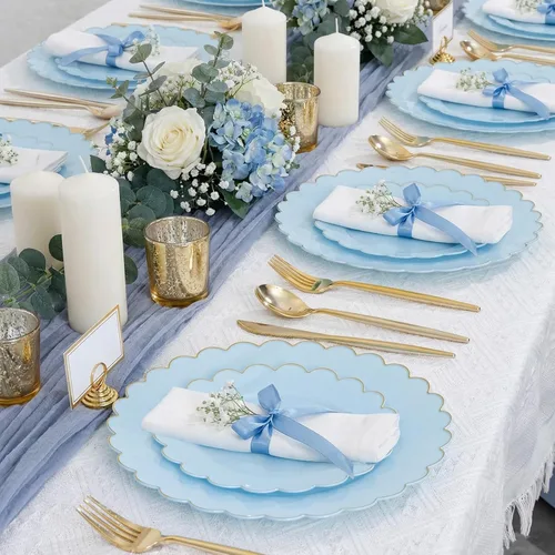 Miniatura 4 de LIYH - 120 platos de plástico azul bebé con borde dorado, platos desechables de plástico azul claro, incluye 60 platos llanos de 10.25 pulgadas y 60