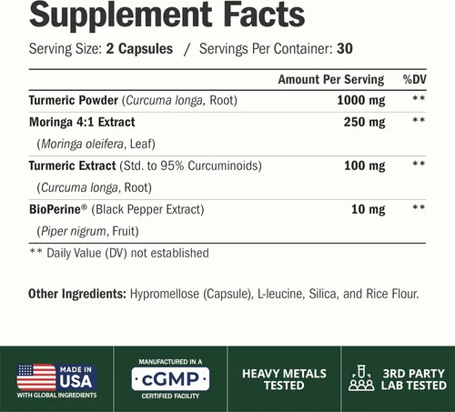Miniatura 2 de Suplemento de Moringa + Cúrcuma Curcumina para la Salud de las Articulaciones, Salud Intestinal, Energía y Apoyo Inmunológico - Fórmula de Bienestar