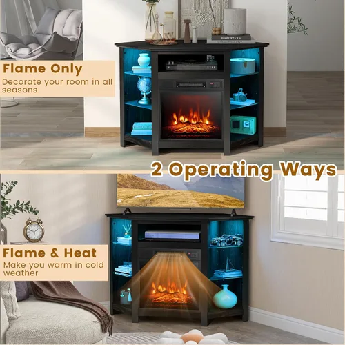 Miniatura 7 de COSTWAY Soporte de TV de esquina con chimenea eléctrica con luces LED de 16 colores, 3 brillos, control remoto y aplicación, moderno centro de Negro