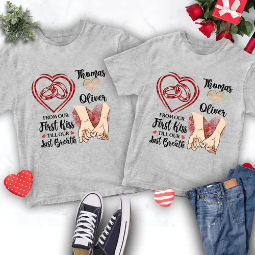 Miniatura 2 de Camiseta personalizada para pareja amante de él y ella desde nuestro primer beso, anillo de pareja mano en mano, regalos personalizados con nombre