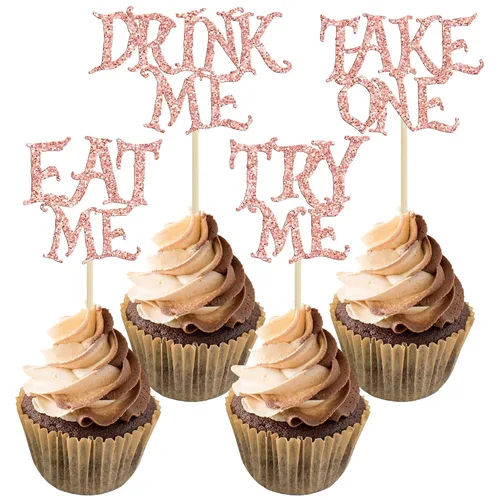 Miniatura 9 de Gyufise 24 piezas de adornos para cupcakes de Alicia en el país de las maravillas con purpurina negra Try Me Take One Eat Me Cupcake Picks