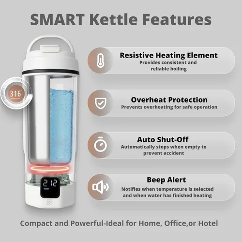 Miniatura 5 de Hervidor Eléctrico de Viaje - Acero Inoxidable 316, Hervidor de Té Portátil y Calentador de Agua, Hervidor de Agua Portátil de 450ml, 6 Ajustes
