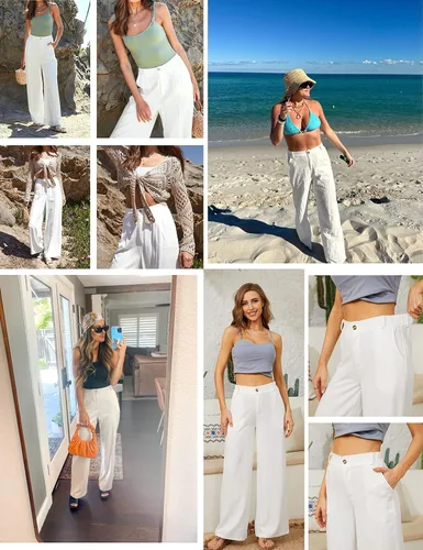 Miniatura 6 de Hooever Pantalones casuales de lino y algodón para mujer, con botones, cintura alta, pierna ancha
