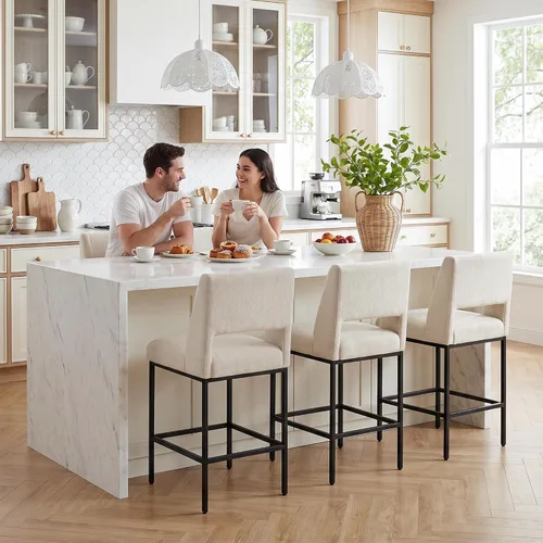 Miniatura 5 de Zesthouse Juego de 2 taburetes tapizados de altura de mostrador, taburetes de bar de tela de lino con respaldo, sillas modernas de altura de Sábanas