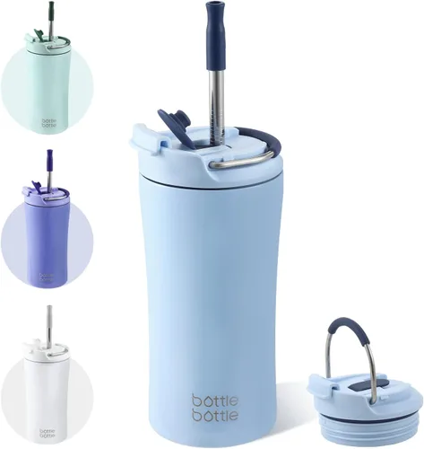 Miniatura 9 de BOTTLE BOTTLE Vaso de café con tapa de doble uso y pajita, taza de café de viaje de doble pared para mujer y hombre, vaso aislado de acero Blanco
