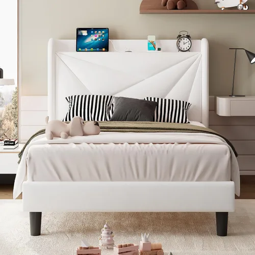 Miniatura 16 de iPormis Base de cama tamaño Queen con estación de carga, marco de cama de plataforma de lino con cabecera tapizada con respaldo de ala, soporte