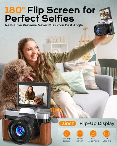 Miniatura 5 de Cámara digital 4K para enfoque automático de fotografía, cámara de vlogging WiFi de 64MP para YouTube con pantalla abatible de 180° de 3 pulgadas