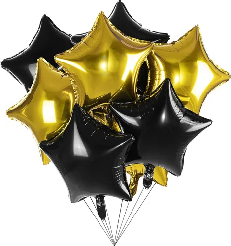 Globos grandes de 18 pulgadas de color negro dorado con forma de estrella de Mylar para decoración de fiestas, paquete de 20