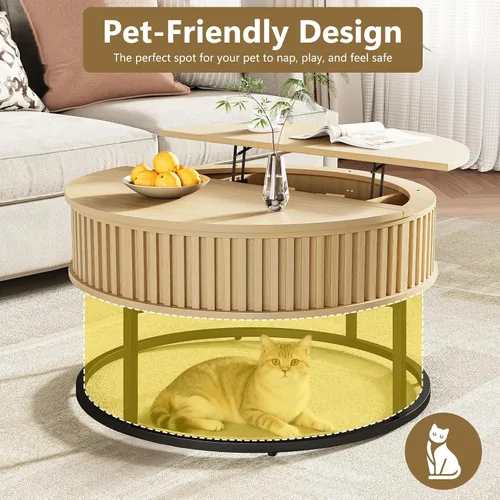 Miniatura 6 de Mesa de centro redonda con parte superior elevadora, mesas de centro de madera estriada para sala de estar, elevación para comedor, gran