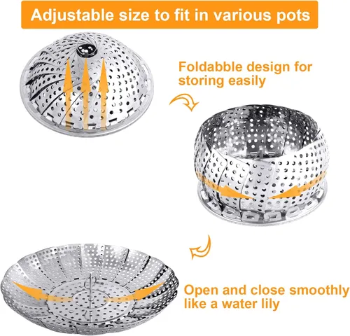 Miniatura 4 de Cesta de vapor para verduras, cesta plegable para vaporizar, inserto de cesta de vapor plegable de metal de acero inoxidable, para cocinar