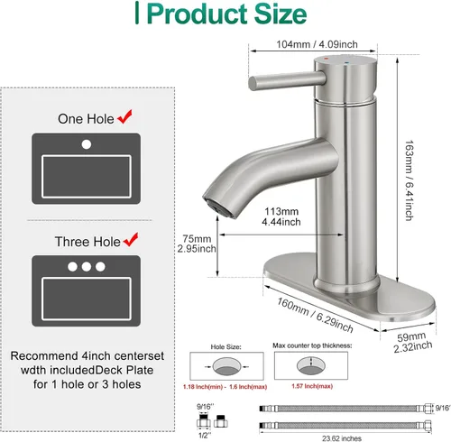 Miniatura 5 de Grifo de baño de níquel cepillado de una sola manija, grifo de lavabo de tocador de baño con desagüe pop-up, grifo de lavabo para embarcación