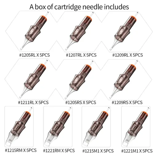 Miniatura 2 de 50 agujas surtidas de cartuchos de tatuaje, tamaño mixto #12 Round Liner Shader Magnum – 5 piezas de cada una de 5RL, 7RL, 9RL, 11RL, 5RS, 9RS
