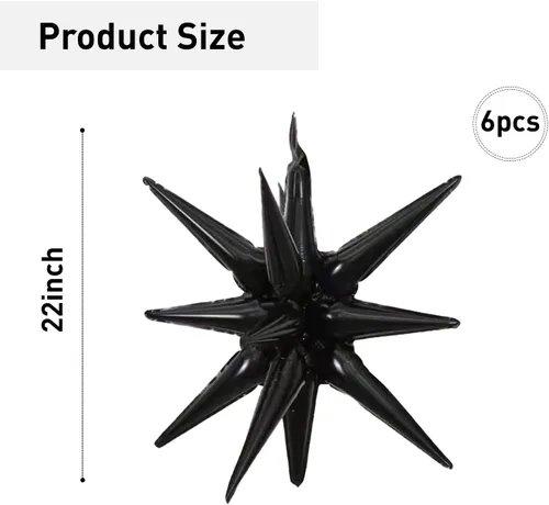 Miniatura 2 de 6 Globos de Papel de Aluminio con Forma de Estrella Negra de Una Pieza, Globo de Estrella de 14 Puntas 4D Cono Starburst de Mylar de 22 Pulgadas