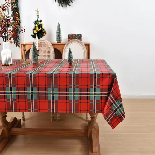 Miniatura 7 de Mantel de Navidad de vinilo resistente rojo de 54x54 pulgadas, mantel rectangular de Navidad, mantel de PVC reutilizable, impermeable, plegable