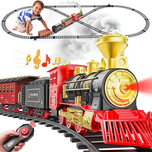 Miniatura 8 de Hot Bee Juego de tren – Juguetes de tren para niños con humo, luces y sonido, pistas, tren de juguete con locomotora de vapor, coches de carga