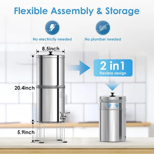 Miniatura 6 de Sistema de filtro de agua por gravedad AQUA CREST, sistema de mostrador de acero inoxidable 304 con 4 filtros y soporte antideslizante, reduce