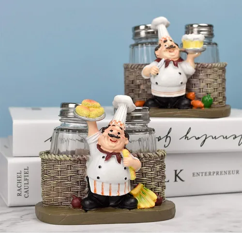 Miniatura 6 de Juego de saleros y pimenteros, estatua decorativa de chef sentado, organizador de especias, tarros de especias de vidrio con soporte, figura