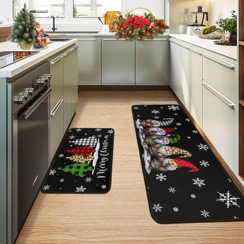 Miniatura 7 de Alfombras de cocina de cuadros de búfalo con gnomos de árbol negros, juego de 2, Merry Christmas, decoración de piso de perfil bajo para fiestas