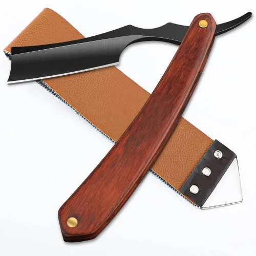 Miniatura 16 de Navaja de afeitar recta con estropa - Afeitadora profesional de borde recto de acero inoxidable premium para barbero con estropa para afeitado