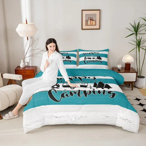 Miniatura 35 de Juego de Edredón para Acampar Feliz para Niños Tamaño Individual, Juego de Ropa de Cama Rústica de Aventura de Granja y Cabaña, Decoración