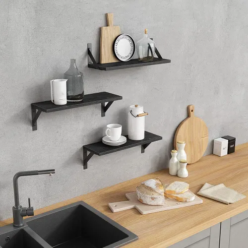 Miniatura 2 de Forbena Juego de 3 estantes flotantes negros para baño, estantes de madera para libros, estante rústico para almacenamiento, organizador de baño