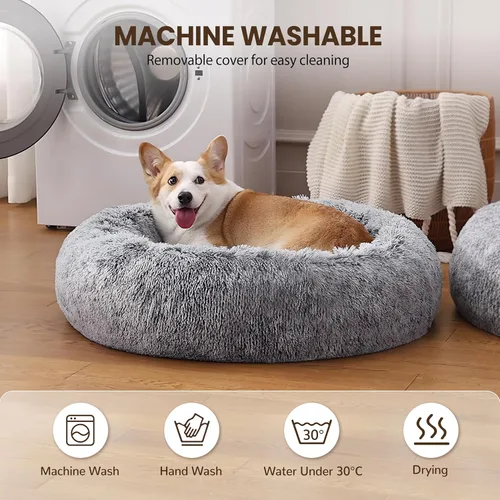 Miniatura 7 de Cama para perros en forma de dona, tamaño mediano, camas redondas para perros y gatos pequeños y medianos con piel sintética esponjosa lavable, Gris