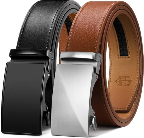 Zitahli - 2 paquetes de cinturón de trinquete de cuero para hombre, cinturón de regalo para hombre, para vestir y casual, ajuste para adaptarse