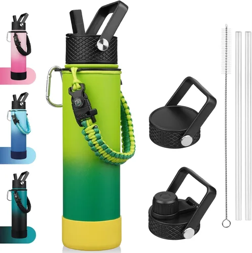Miniatura 9 de BJPKPK - Botella de agua con tapa de popote, botellas de agua aisladas de 18 onzas con 3 tapas, asa de cuerda de paracaídas y base antideslizante