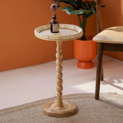 Mesa auxiliar redonda de ratán pequeña para espacios pequeños, mesa auxiliar circular bohemia con patas de madera maciza para sala de estar, mesa de