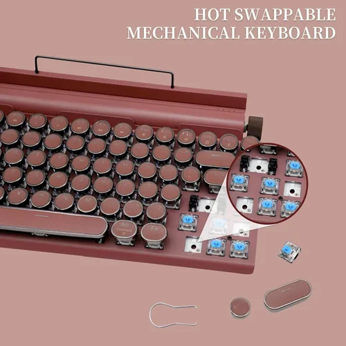 Miniatura 2 de Teclado mecánico estilo máquina de escribir retro Adventurers, 83 teclas, diseño compacto del 75%, Bluetooth 5.0 y cableado, interruptor azul Rojo