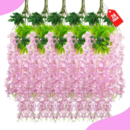 Miniatura 66 de Paquete de 12 flores colgantes de glicina rosa, flores colgantes falsas de 3.44 pies, guirnalda de glicina artificial para decoración de boda, telón