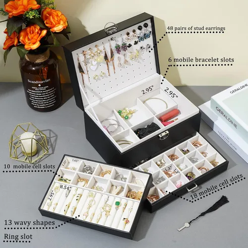 Miniatura 2 de BOOVO Joyero de aretes para mujer y niña, organizador de aretes de 5 capas, caja organizadora de joyas con cerradura para aretes, organizador