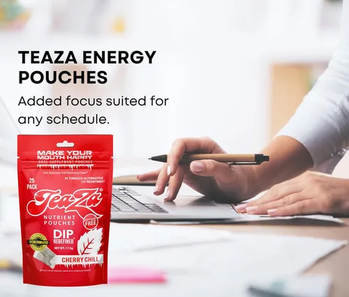 Miniatura 3 de Bolsas de energía TeaZa, salsa sin tabaco ni nicotina - Alternativa de tabaco y salsa energética masticable, inmersión saludable con sabor premium