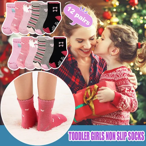 Miniatura 5 de Calcetines antideslizantes para niñas pequeñas, calcetines de agarre antideslizantes, 12 pares con divertidos patrones para niñas de 1 a 7 años