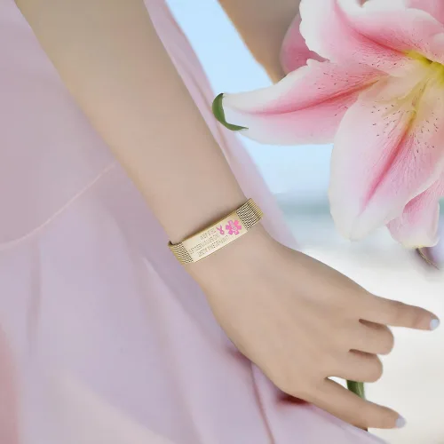Miniatura 8 de Pulsera de alerta de linfedema, ajustable, malla de acero inoxidable, sin bp, sin agujas, para mujeres, pulseras médicas de emergencia para cáncer