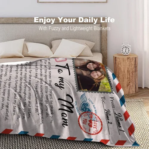 Miniatura 2 de D-Story Manta personalizada para el día de la madre con fotos: fabricada en Estados Unidos, regalos personalizados de hija e hijo, manta de fotos