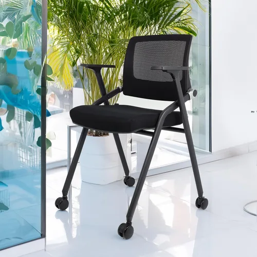 Miniatura 2 de Paquete de 2 sillas de oficina plegables con ruedas, respaldo de malla, brazos y portátiles, sillas de oficina plegables para silla de sala de Negro