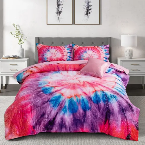A Nice Night Juego de ropa de cama de 6 piezas en una bolsa Juego de edredón Tie Dye Galaxy para niños, patrón de espiral psicodélico colorido Rosa