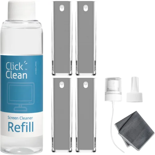 Click Clean Kits de limpieza de pantalla – 4 limpiadores de pantalla todo en uno con repuesto de limpiador de 4 onzas, 1 paño de microfibra (7.8 x