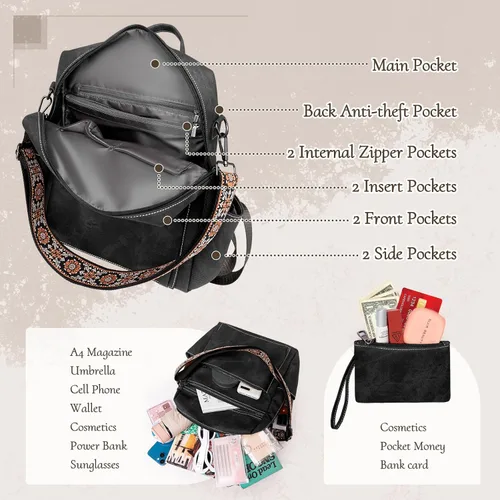 Miniatura 3 de Mochila para mujer, mochila impermeable de piel sintética, ligera, a la moda, multiusos, convertible, mochila de viaje, bolso de hombro, color negro