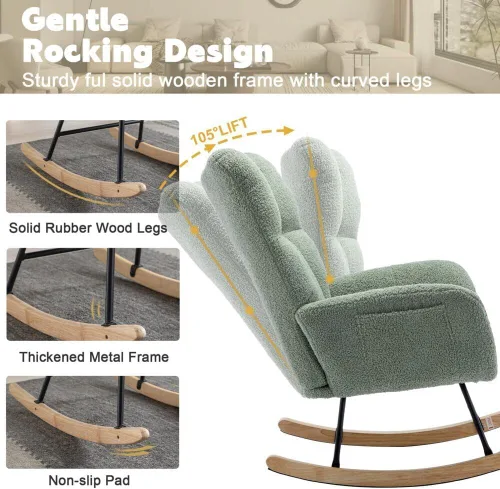 Miniatura 3 de Mecedora de cuarto de bebé con asiento deslizante tapizado en estilo oso de peluche, con respaldo alto, sillón acento con cómodo bolsillo lateral