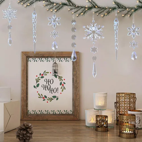 Miniatura 5 de 18 piezas de adornos de Navidad de cristal para decoraciones de árbol de Navidad - Adornos azules colgantes de copo de nieve y carámbano de acrílico