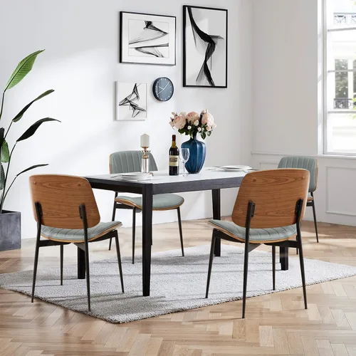 Miniatura 19 de LUNLING Sillas de comedor modernas de mediados de siglo, silla retro beige de piel sintética con asiento tapizado de madera curvada de nogal, patas