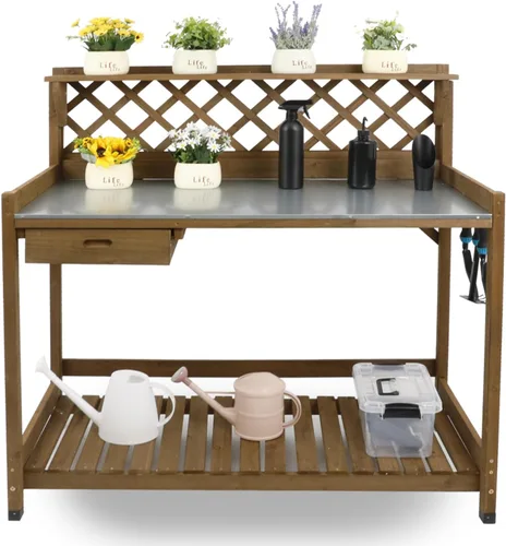 Miniatura 10 de PetsCosset - Banco de jardinería con mesa de trabajo al aire libre, de madera, con superficie de mesa metálica, gabinete, cajón, estante inferior