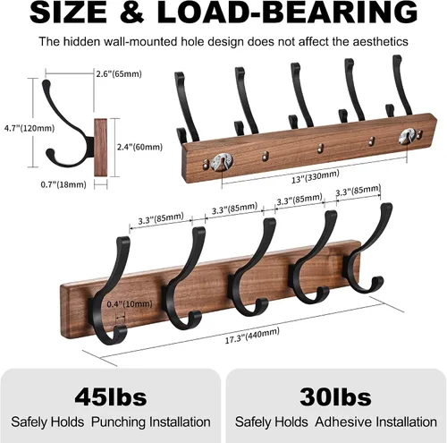Miniatura 4 de Paquete de 2 Percheros Pequeños de Madera de 17.3" Montados en la Pared con 5 Ganchos, Ganchos de Pared de Entrada Colgador de Abrigos para Colgar
