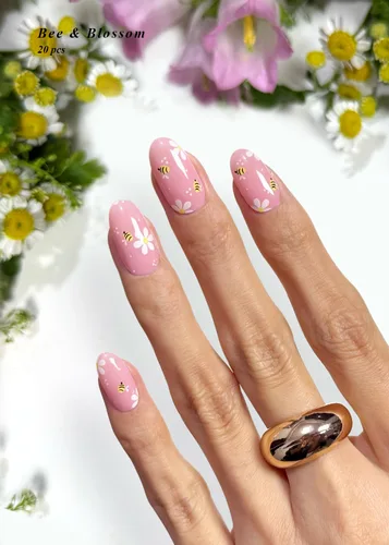 Miniatura 5 de AutyaMee Tiras de uñas de gel semicuradas (abeja y flor), 20 unidades de envolturas de uñas de gel, calcomanías, rosa nude, calidad de salón