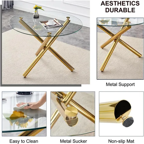 Miniatura 6 de Mesa redonda de comedor de vidrio para 2 a 4, moderna mesa superior de vidrio templado, patas cromadas resistentes, almohadillas ajustables, mesa