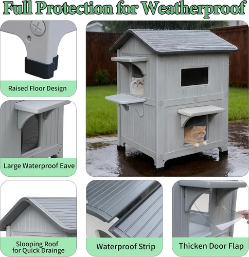 Miniatura 4 de Casa para gatos al aire libre, resistente a la intemperie, casas de plástico para gatos con puerta de escape, 2 pisos para interiores, impermeable