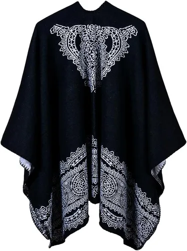 Miniatura 2 de Chal estilo poncho con frente abierto con patrón vintage, capa para mujer